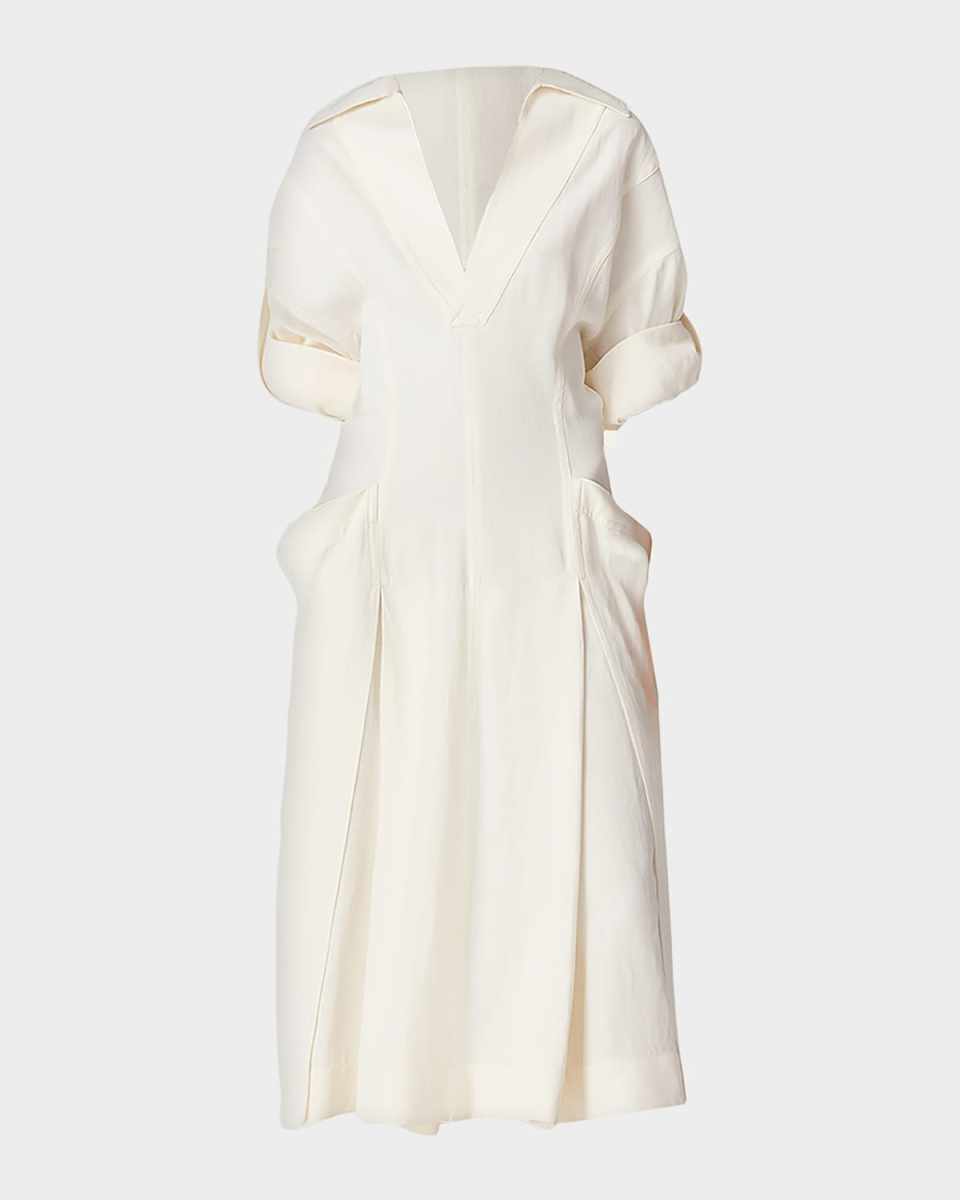 Fit-and-Flare Grainy Midi Dress with Frog Embellishments